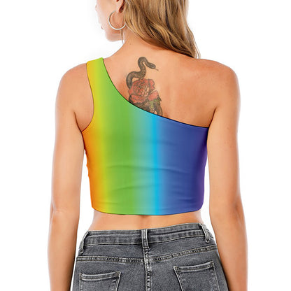 Rainbow Gradient Print One Shoulder Crop Top