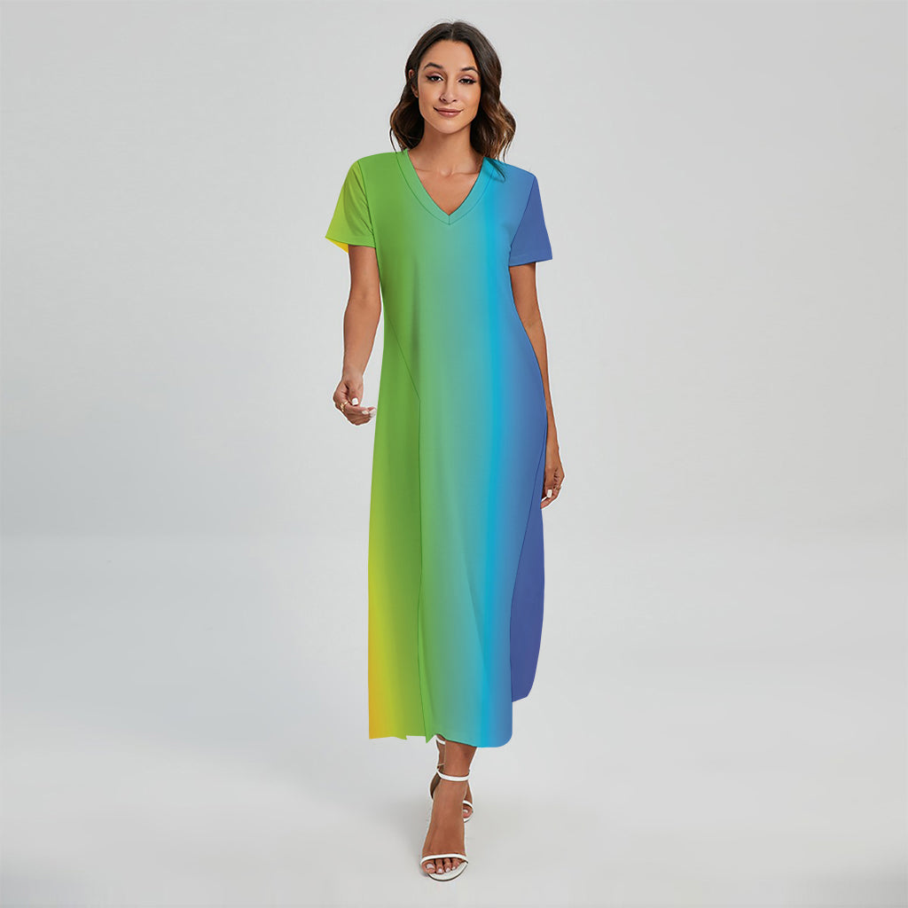 Rainbow Gradient Print Short Sleeve Maxi Dress