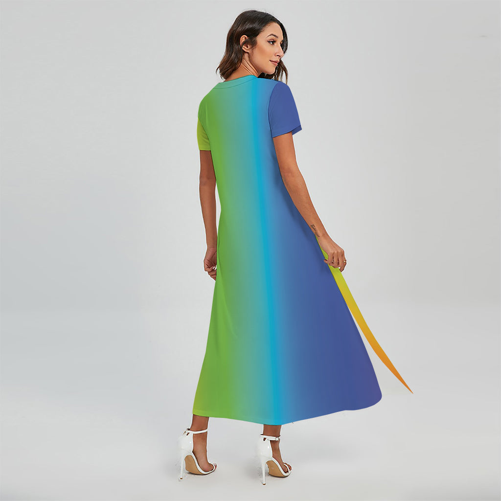 Rainbow Gradient Print Short Sleeve Maxi Dress