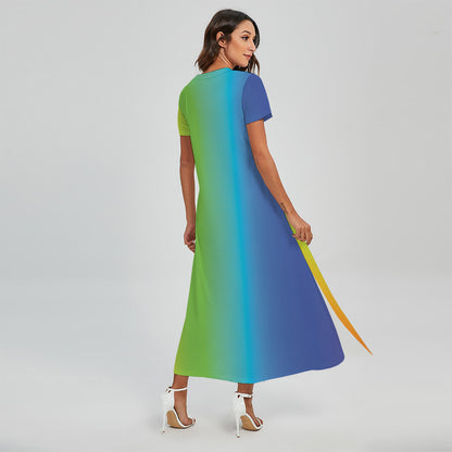 Rainbow Gradient Print Short Sleeve Maxi Dress