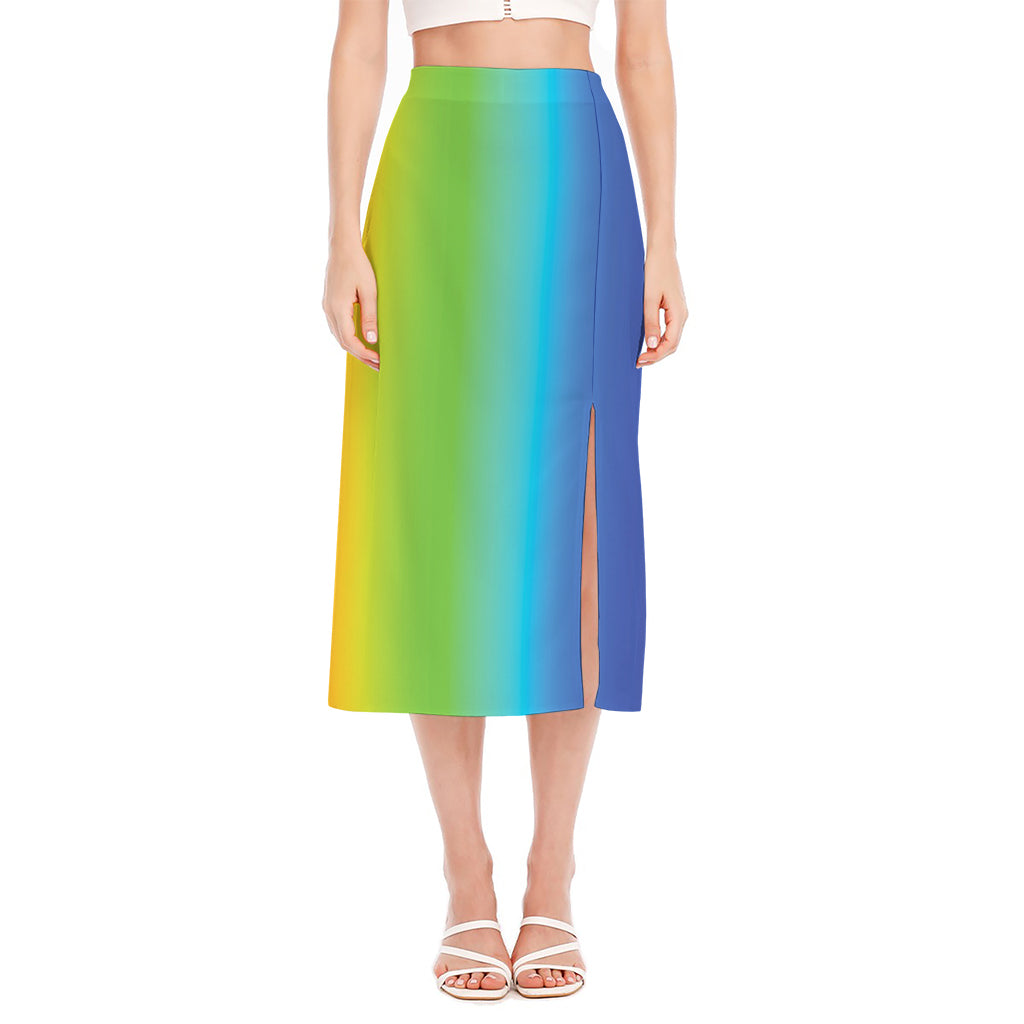Rainbow Gradient Print Side Slit Midi Skirt