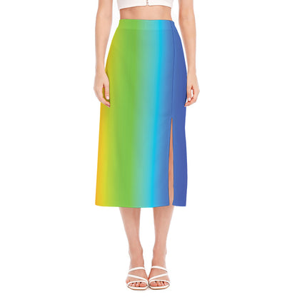 Rainbow Gradient Print Side Slit Midi Skirt