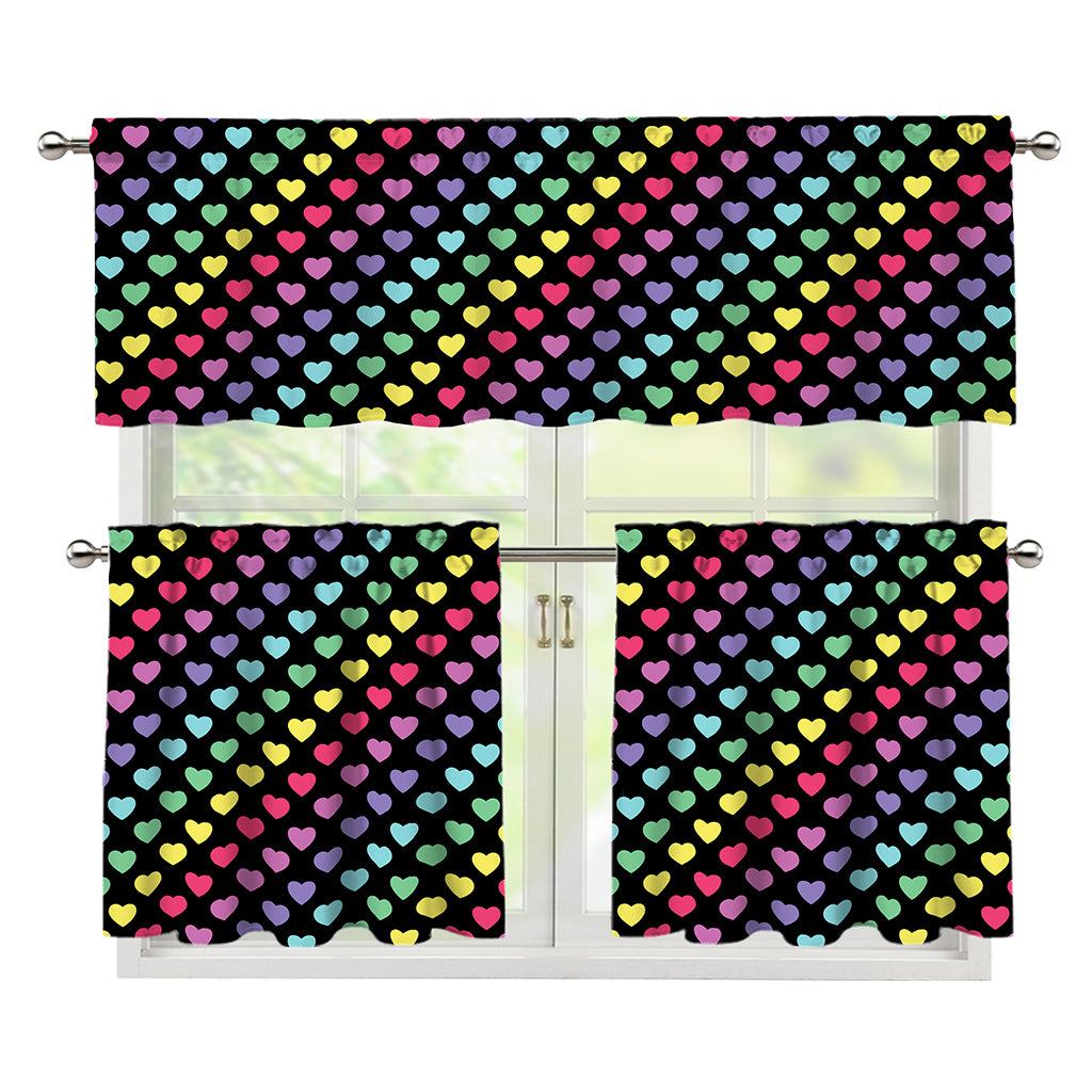 Rainbow Heart Pattern Print 3 Piece Kitchen Curtains