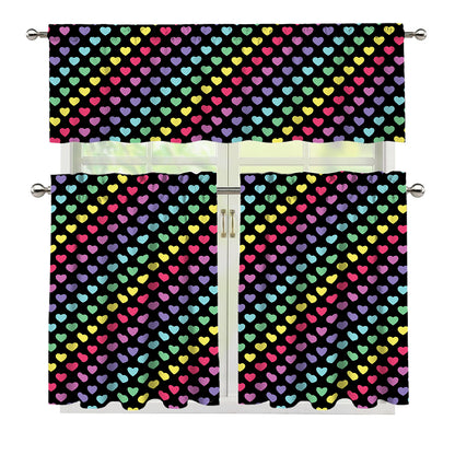 Rainbow Heart Pattern Print 3 Piece Kitchen Curtains