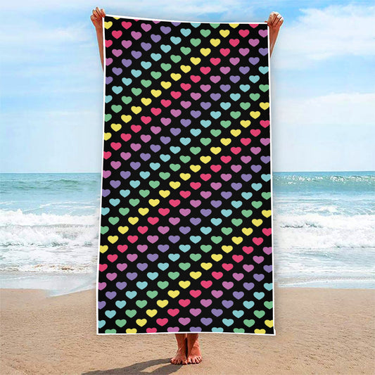 Rainbow Heart Pattern Print Beach Towel