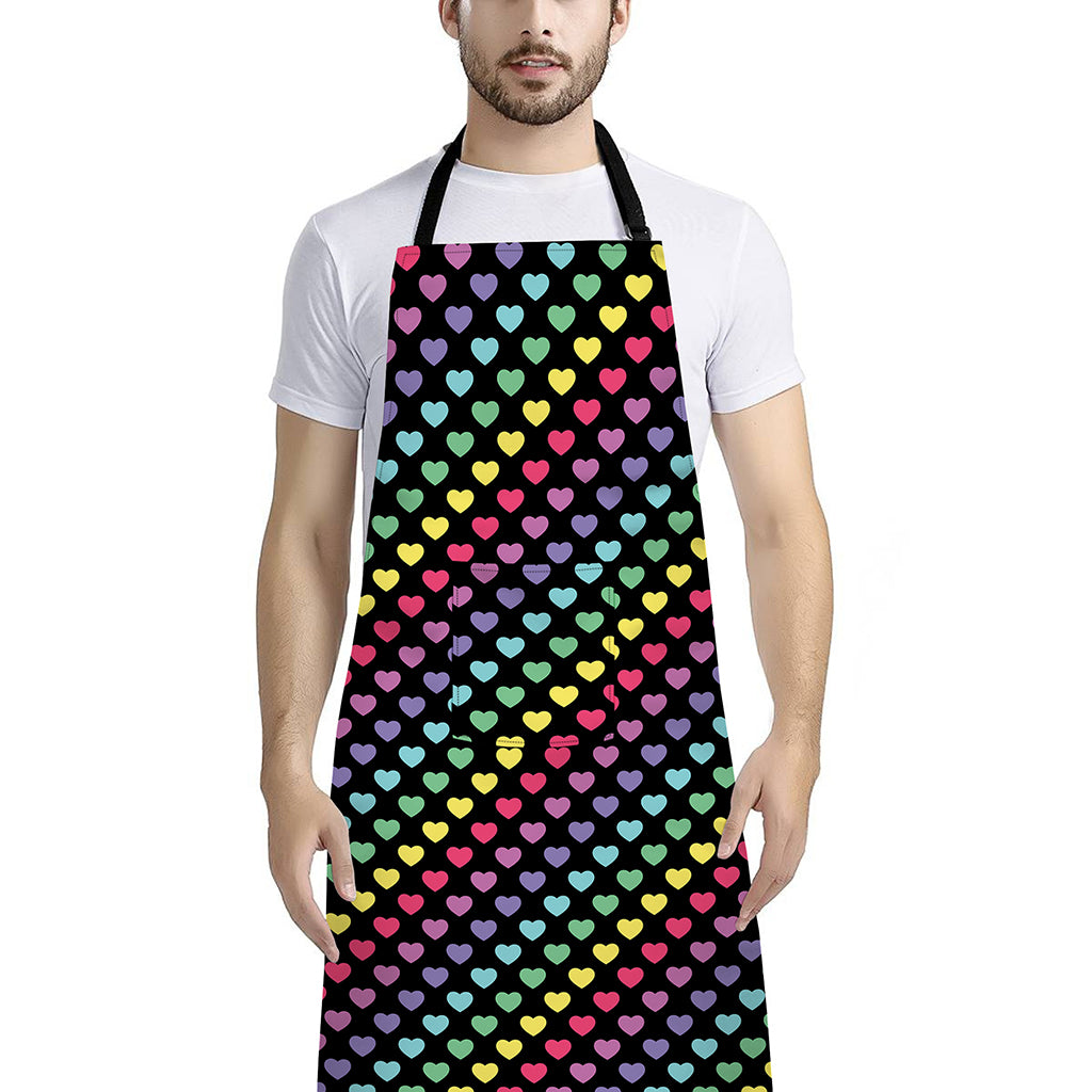 Rainbow Heart Pattern Print Bib Apron With Pocket