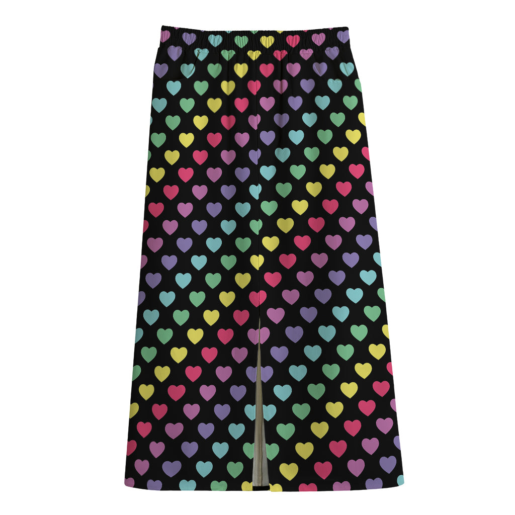 Rainbow Heart Pattern Print Cotton Front Slit Maxi Skirt