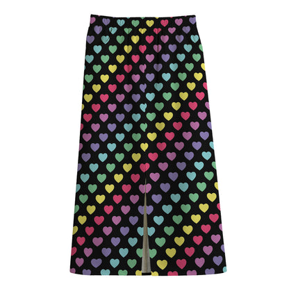 Rainbow Heart Pattern Print Cotton Front Slit Maxi Skirt