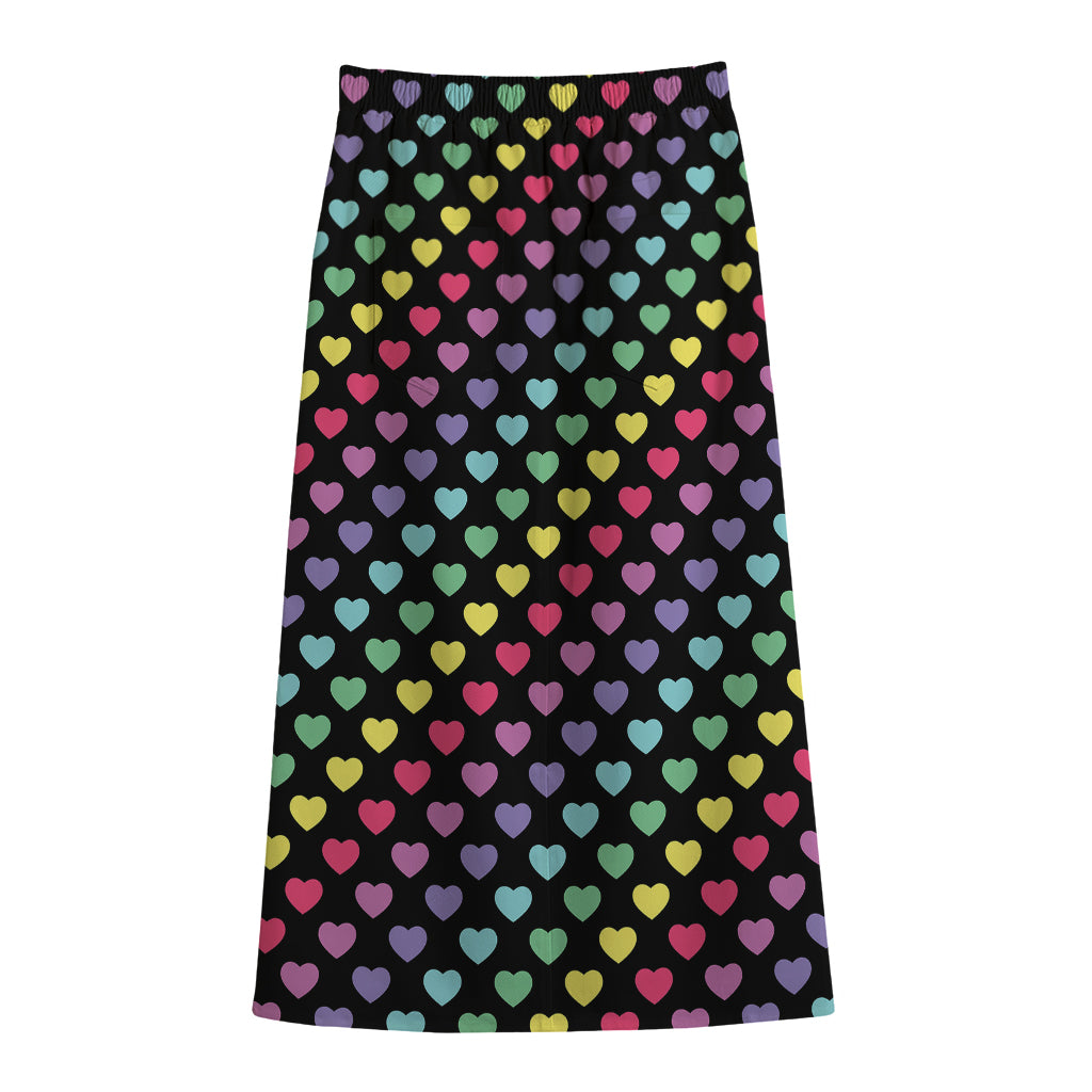 Rainbow Heart Pattern Print Cotton Front Slit Maxi Skirt