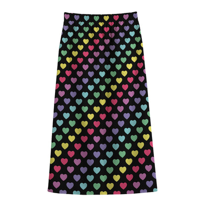 Rainbow Heart Pattern Print Cotton Front Slit Maxi Skirt