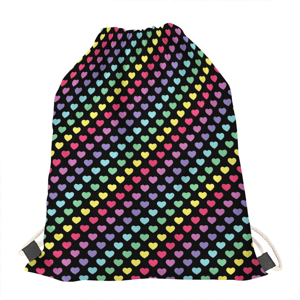 Rainbow Heart Pattern Print Drawstring Bag