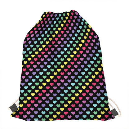 Rainbow Heart Pattern Print Drawstring Bag