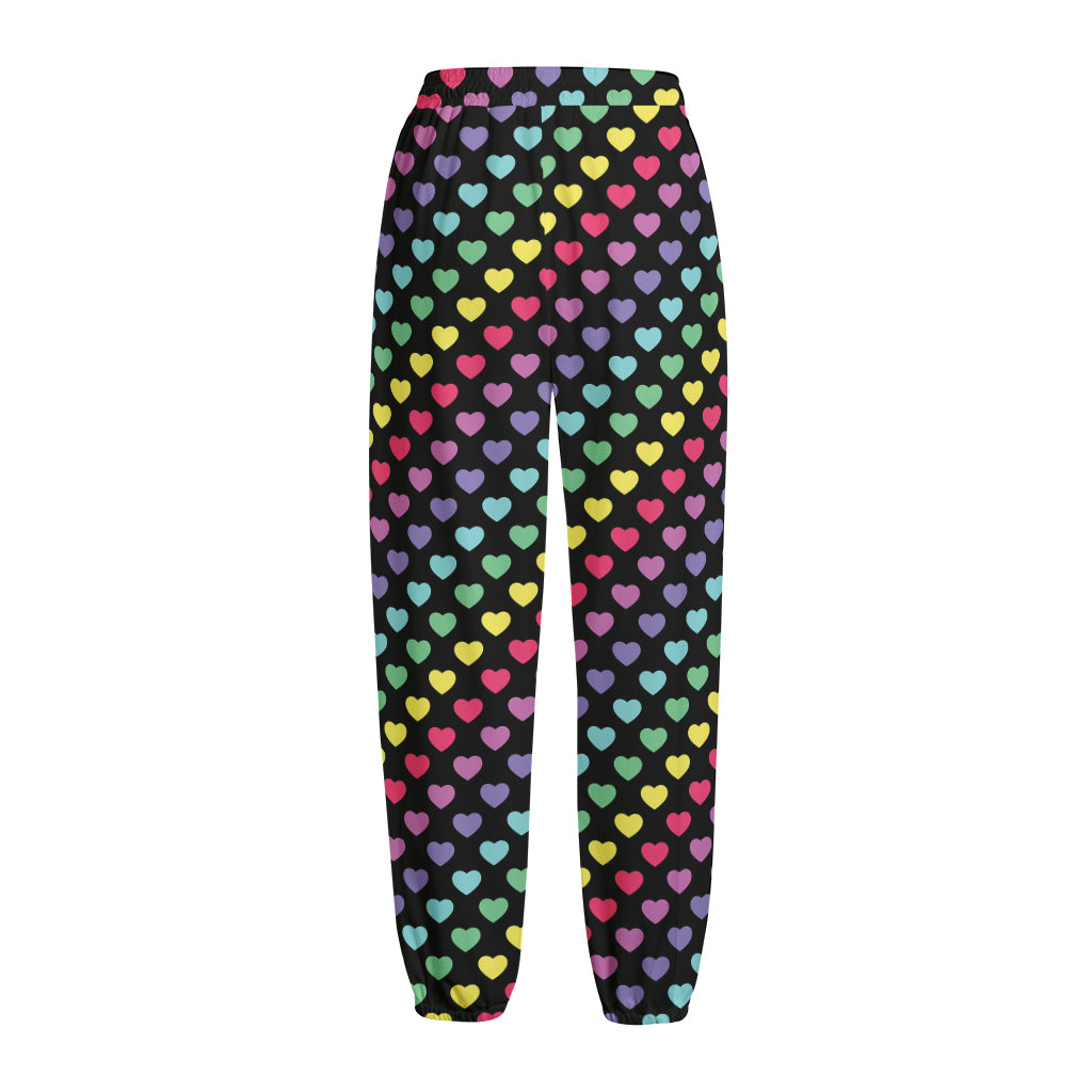 Rainbow Heart Pattern Print Fleece Lined Knit Pants