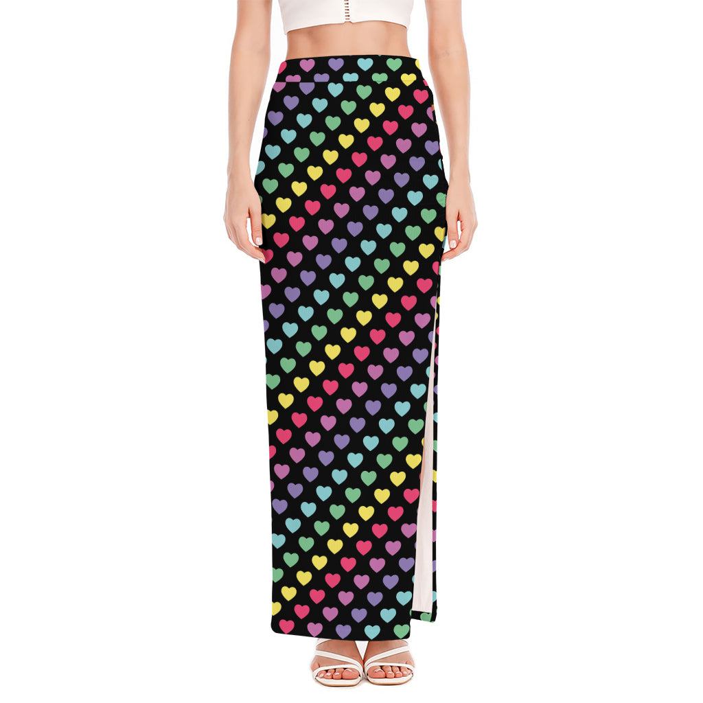 Rainbow Heart Pattern Print High Slit Maxi Skirt