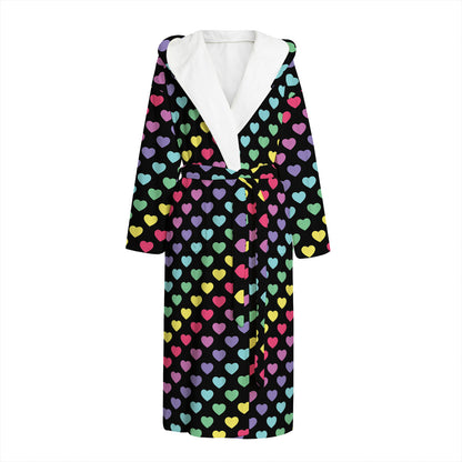 Rainbow Heart Pattern Print Hooded Bathrobe