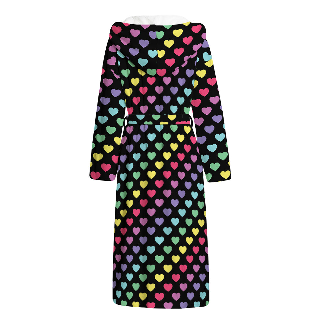 Rainbow Heart Pattern Print Hooded Bathrobe