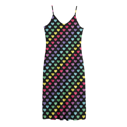 Rainbow Heart Pattern Print Jersey Midi Cami Dress