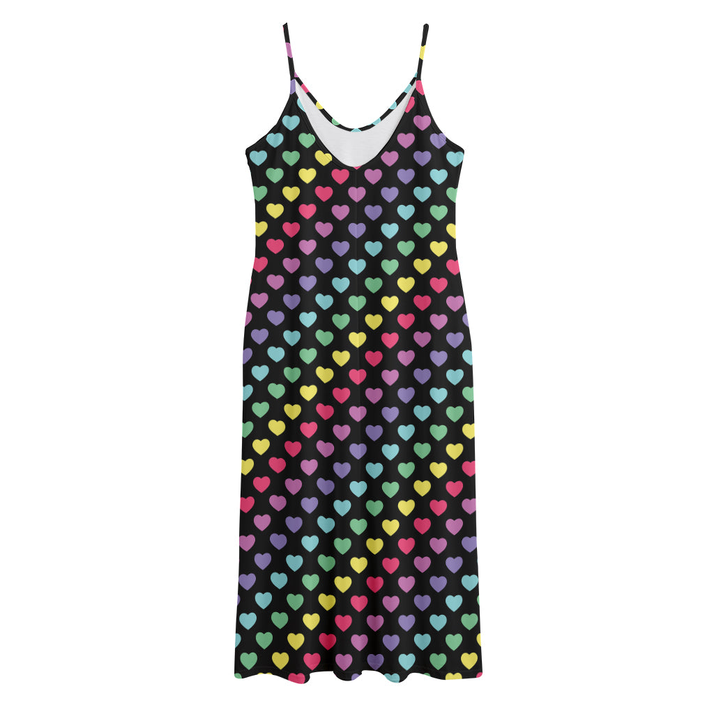 Rainbow Heart Pattern Print Jersey Midi Cami Dress