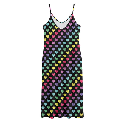 Rainbow Heart Pattern Print Jersey Midi Cami Dress