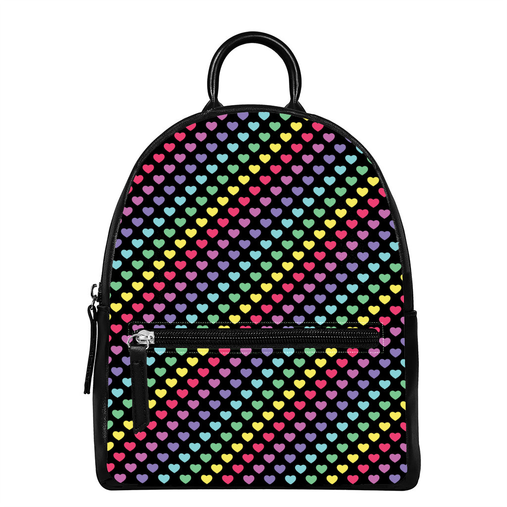 Rainbow Heart Pattern Print Leather Backpack