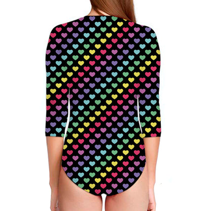 Rainbow Heart Pattern Print Long Sleeve Swimsuit
