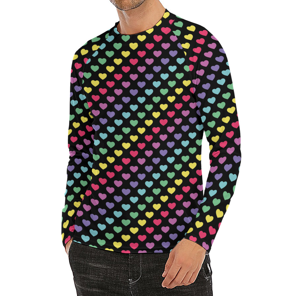 Rainbow Heart Pattern Print Men's Long Sleeve Rash Guard