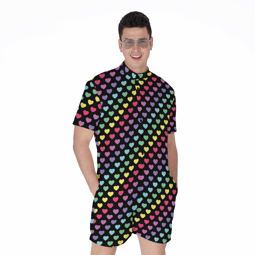 Rainbow Heart Pattern Print Men's Rompers