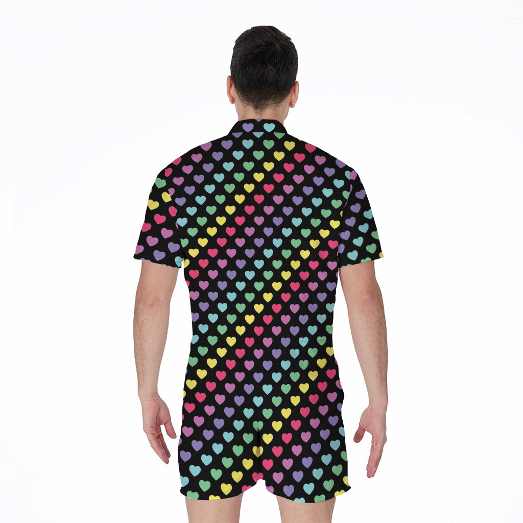 Rainbow Heart Pattern Print Men's Rompers
