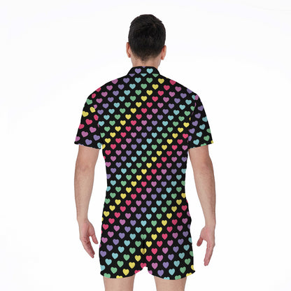 Rainbow Heart Pattern Print Men's Rompers