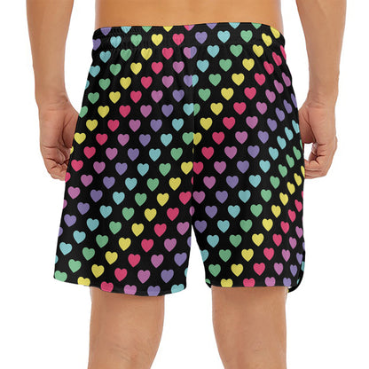 Rainbow Heart Pattern Print Men's Split Running Shorts