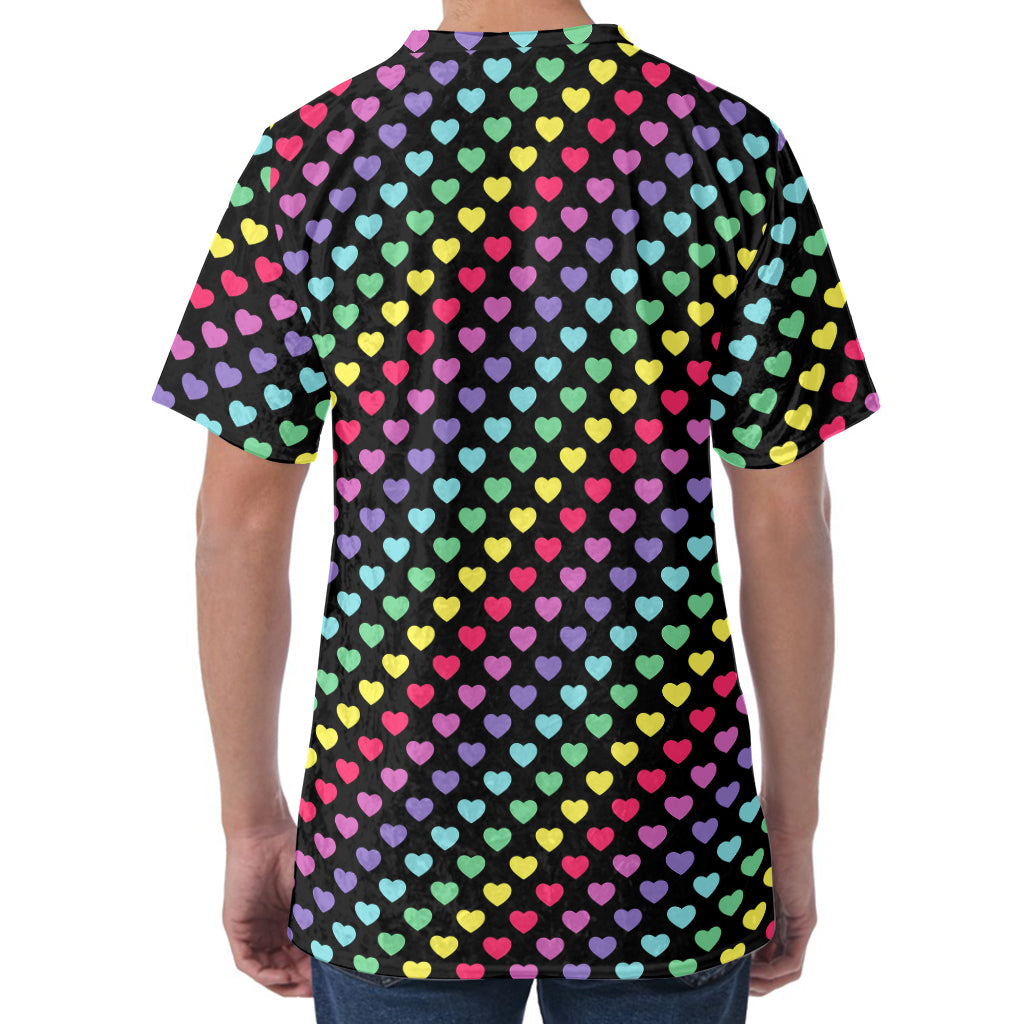 Rainbow Heart Pattern Print Men's Velvet T-Shirt