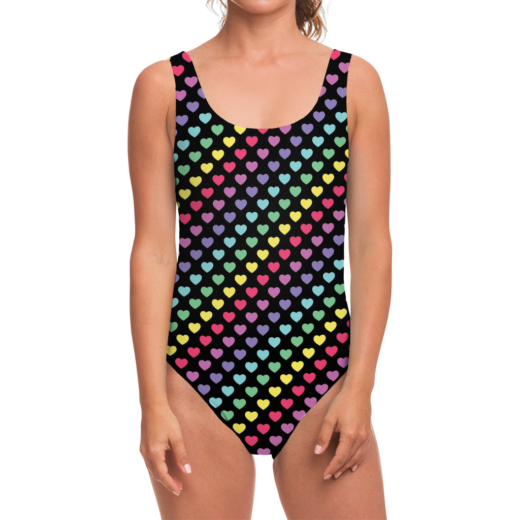 Rainbow Heart Pattern Print One Piece Swimsuit