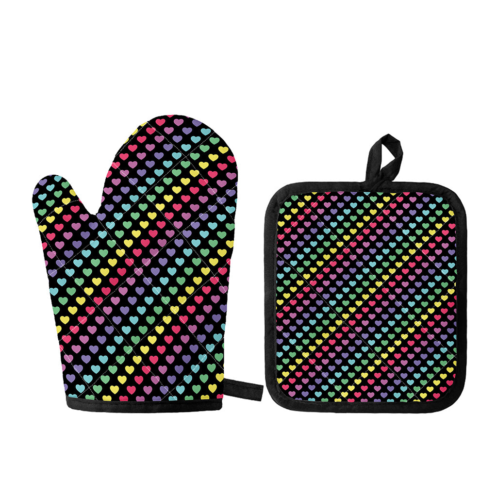 Rainbow Heart Pattern Print Oven Mitt And Pot Holder Set