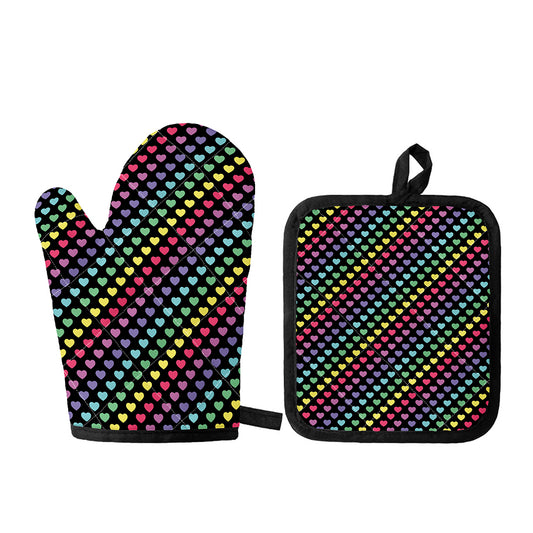 Rainbow Heart Pattern Print Oven Mitt And Pot Holder Set