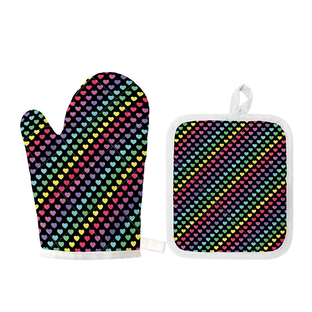 Rainbow Heart Pattern Print Oven Mitt And Pot Holder Set