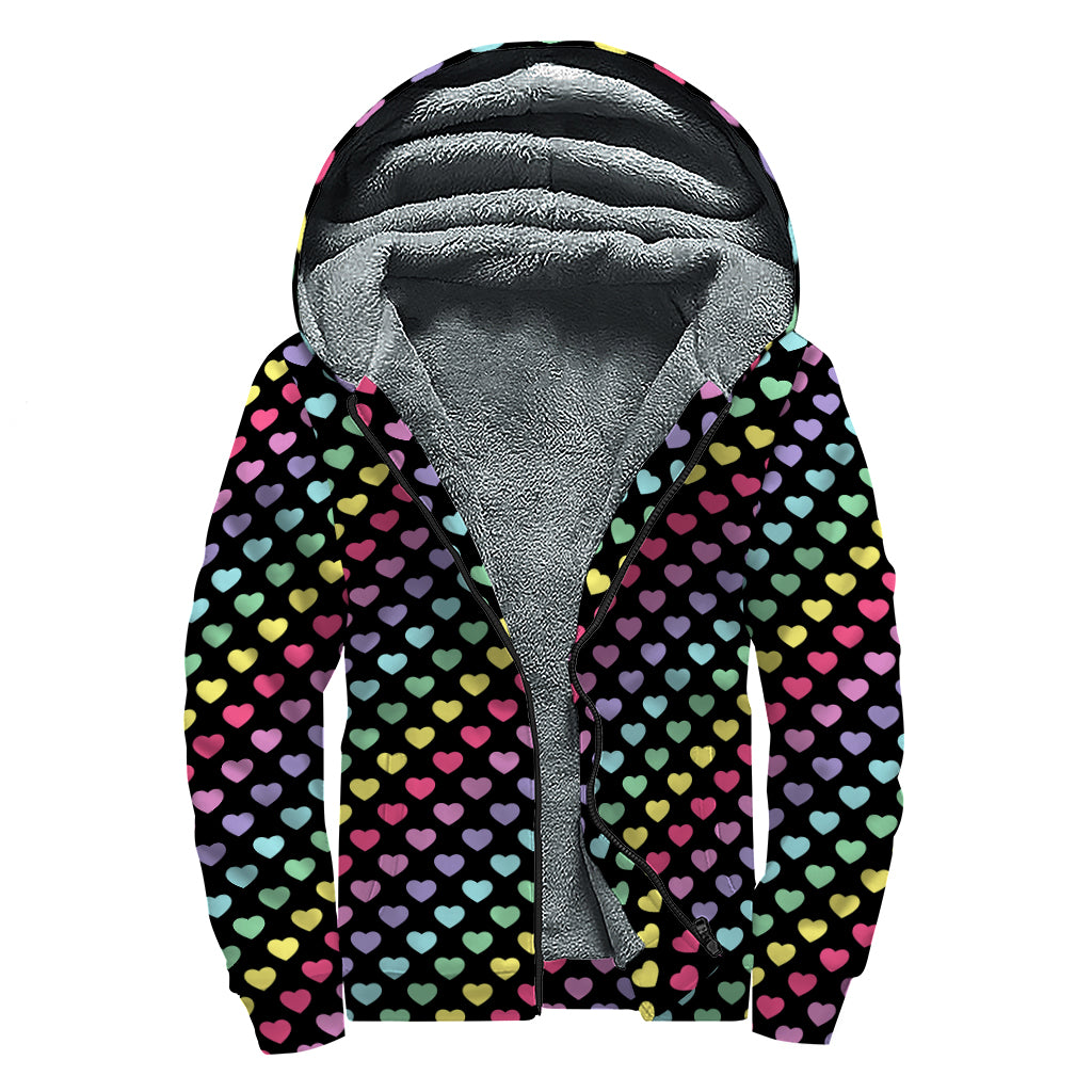 Rainbow Heart Pattern Print Sherpa Lined Zip Up Hoodie