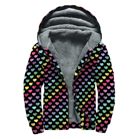Rainbow Heart Pattern Print Sherpa Lined Zip Up Hoodie