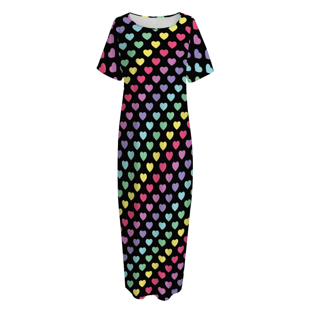 Rainbow Heart Pattern Print Short Sleeve Long Nightdress