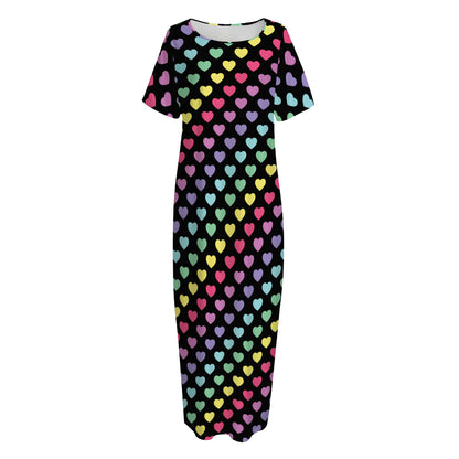 Rainbow Heart Pattern Print Short Sleeve Long Nightdress
