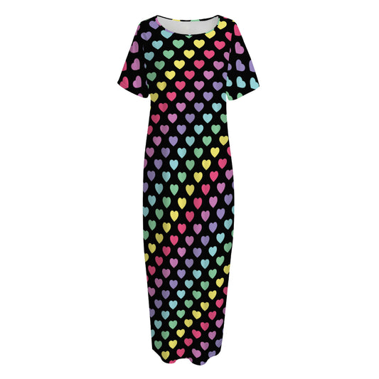 Rainbow Heart Pattern Print Short Sleeve Long Nightdress