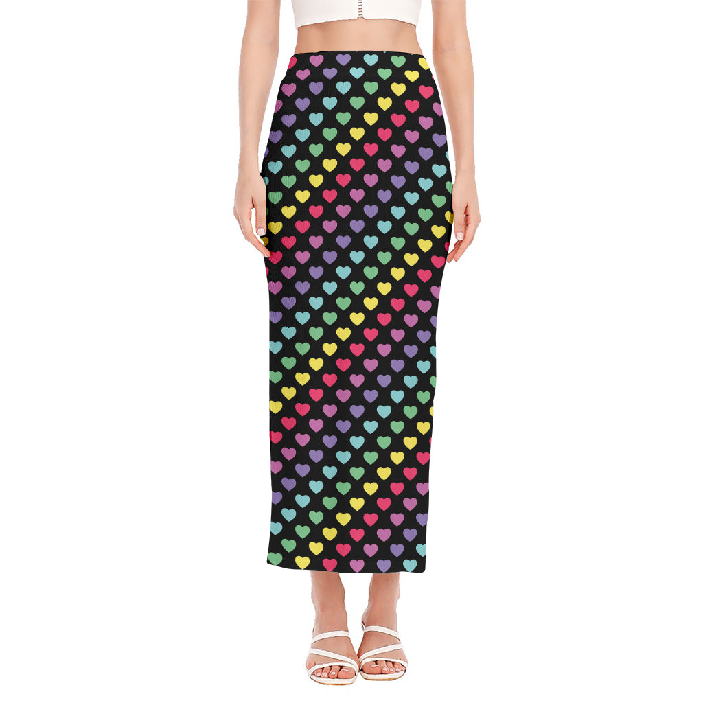 Rainbow Heart Pattern Print Side Slit Maxi Skirt