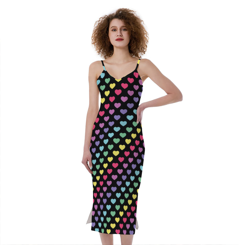 Rainbow Heart Pattern Print Slim Fit Midi Cami Dress
