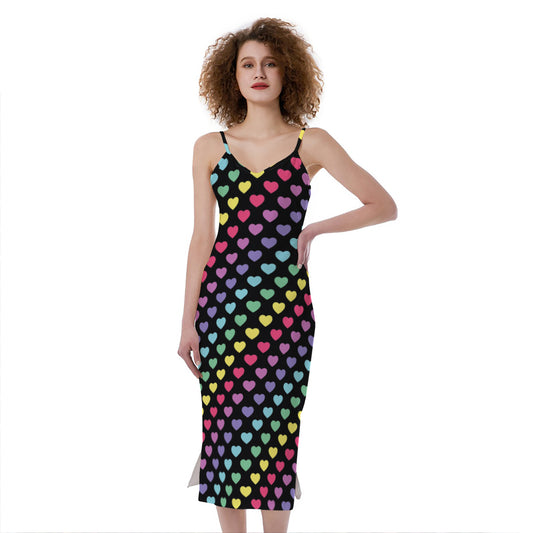 Rainbow Heart Pattern Print Slim Fit Midi Cami Dress