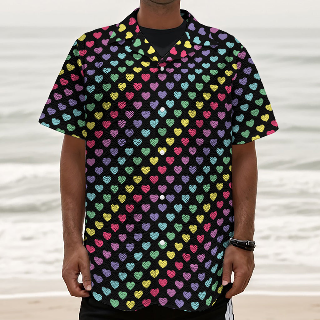 Rainbow Heart Pattern Print Textured Short Sleeve Shirt