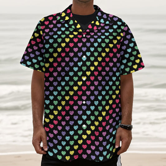 Rainbow Heart Pattern Print Textured Short Sleeve Shirt