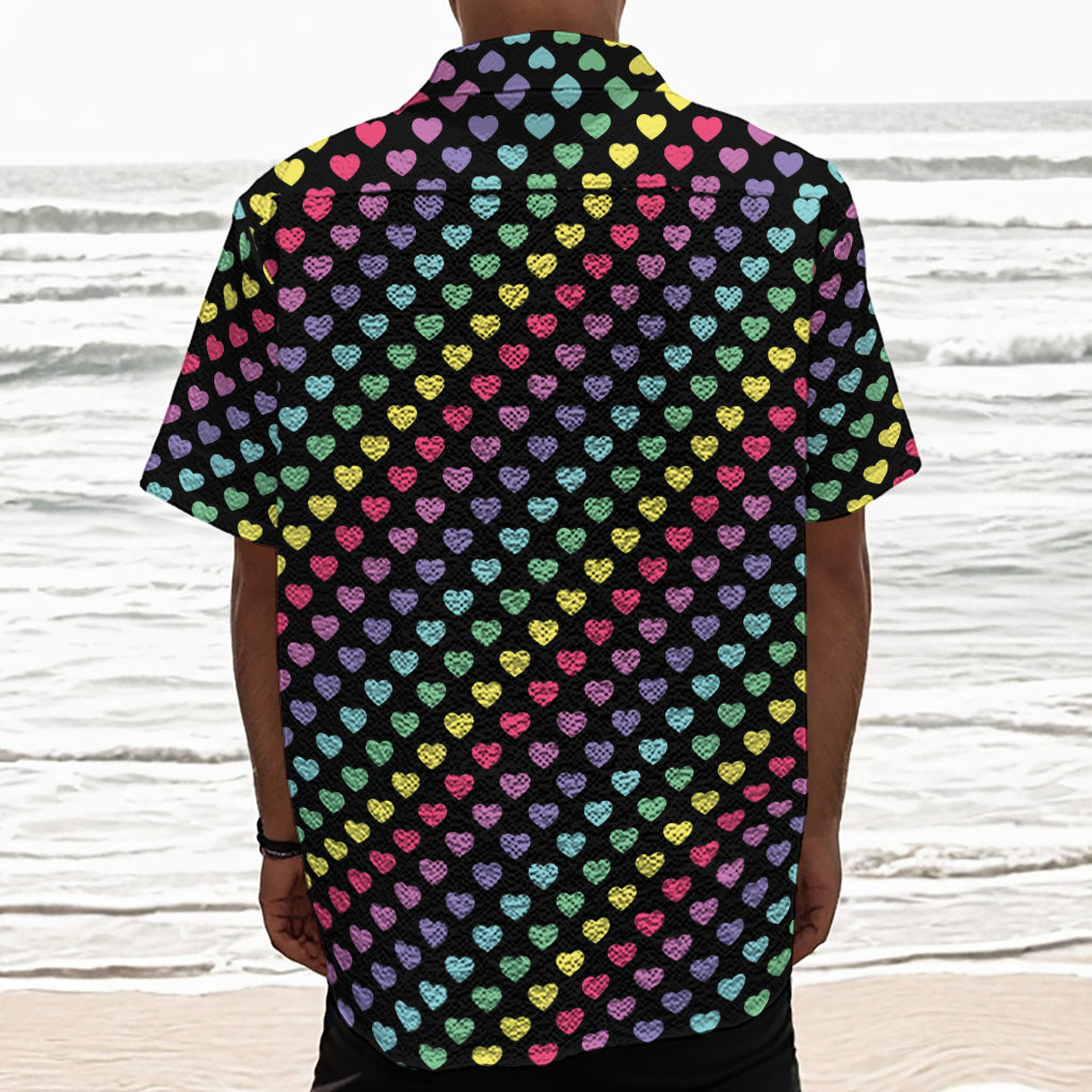 Rainbow Heart Pattern Print Textured Short Sleeve Shirt