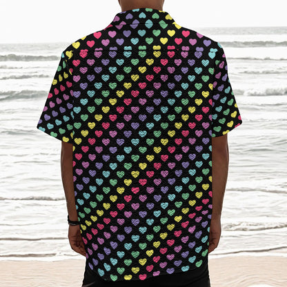 Rainbow Heart Pattern Print Textured Short Sleeve Shirt