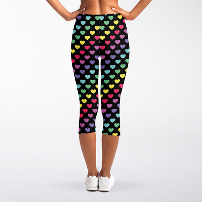 Rainbow Heart Pattern Print Women's Capri Leggings