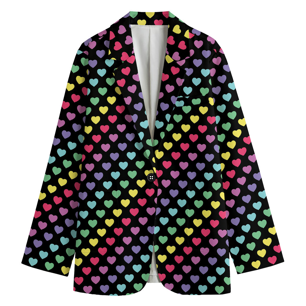 Rainbow Heart Pattern Print Women's Cotton Blazer