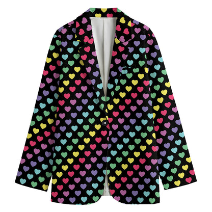 Rainbow Heart Pattern Print Women's Cotton Blazer